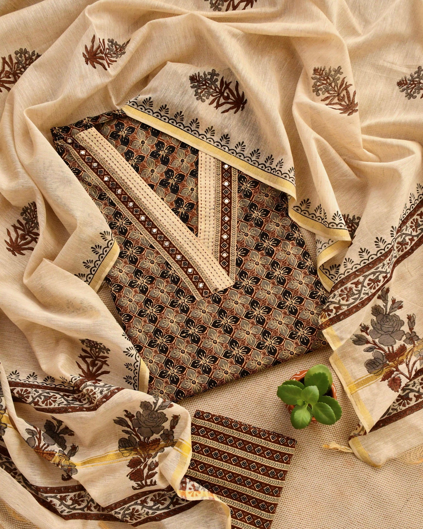 Premium Cotton Ajrakh Handblock Unstitched Suit with Kantha & Mirror Work