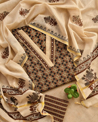 Premium Cotton Ajrakh Handblock Unstitched Suit with Kantha & Mirror Work