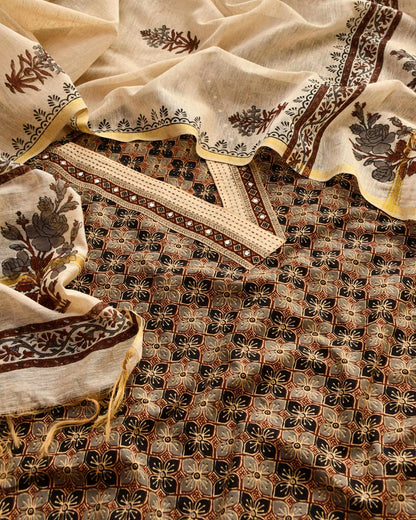 Premium Cotton Ajrakh Handblock Unstitched Suit with Kantha & Mirror Work
