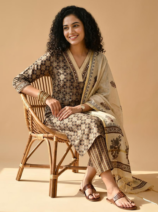 Premium Cotton Ajrakh Handblock Unstitched Suit with Kantha & Mirror Work