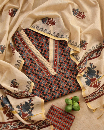 Premium Cotton Ajrakh Handblock Unstitched Suit with Kantha & Mirror Work