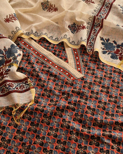 Premium Cotton Ajrakh Handblock Unstitched Suit with Kantha & Mirror Work