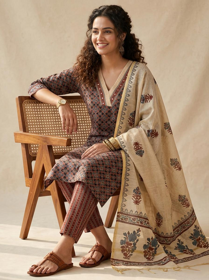 Premium Cotton Ajrakh Handblock Unstitched Suit with Kantha & Mirror Work