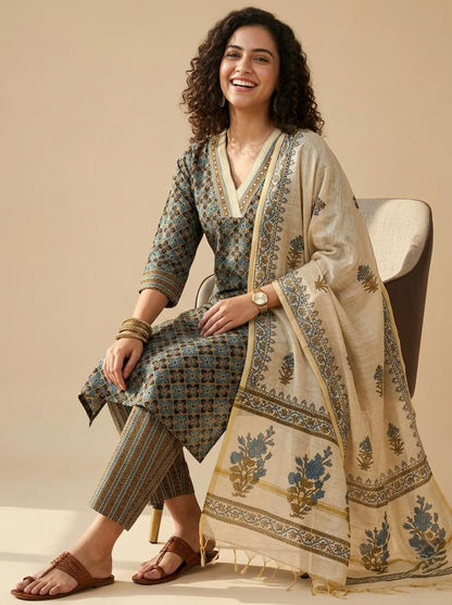 Premium Cotton Ajrakh Handblock Unstitched Suit with Kantha & Mirror Work