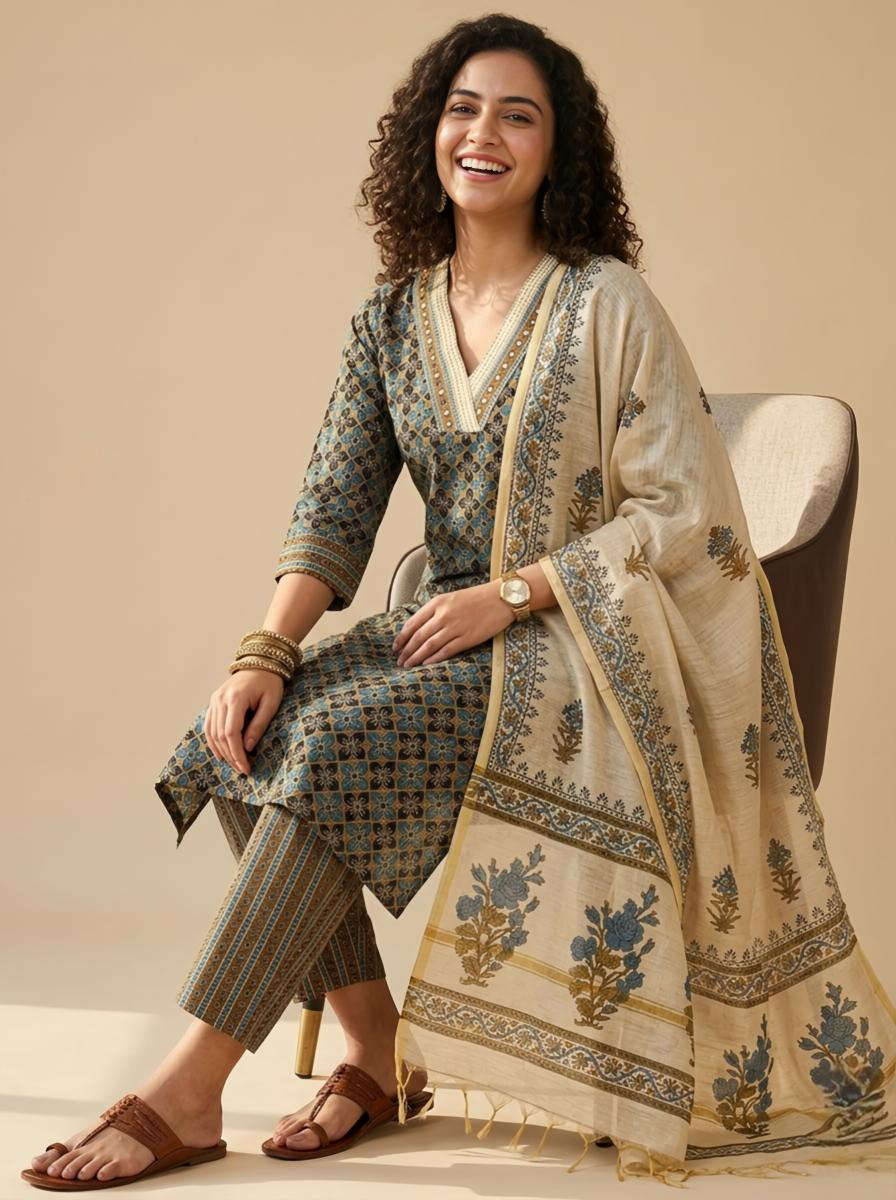 Premium Cotton Ajrakh Handblock Unstitched Suit with Kantha & Mirror Work