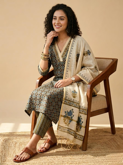 Premium Cotton Ajrakh Handblock Unstitched Suit with Kantha & Mirror Work