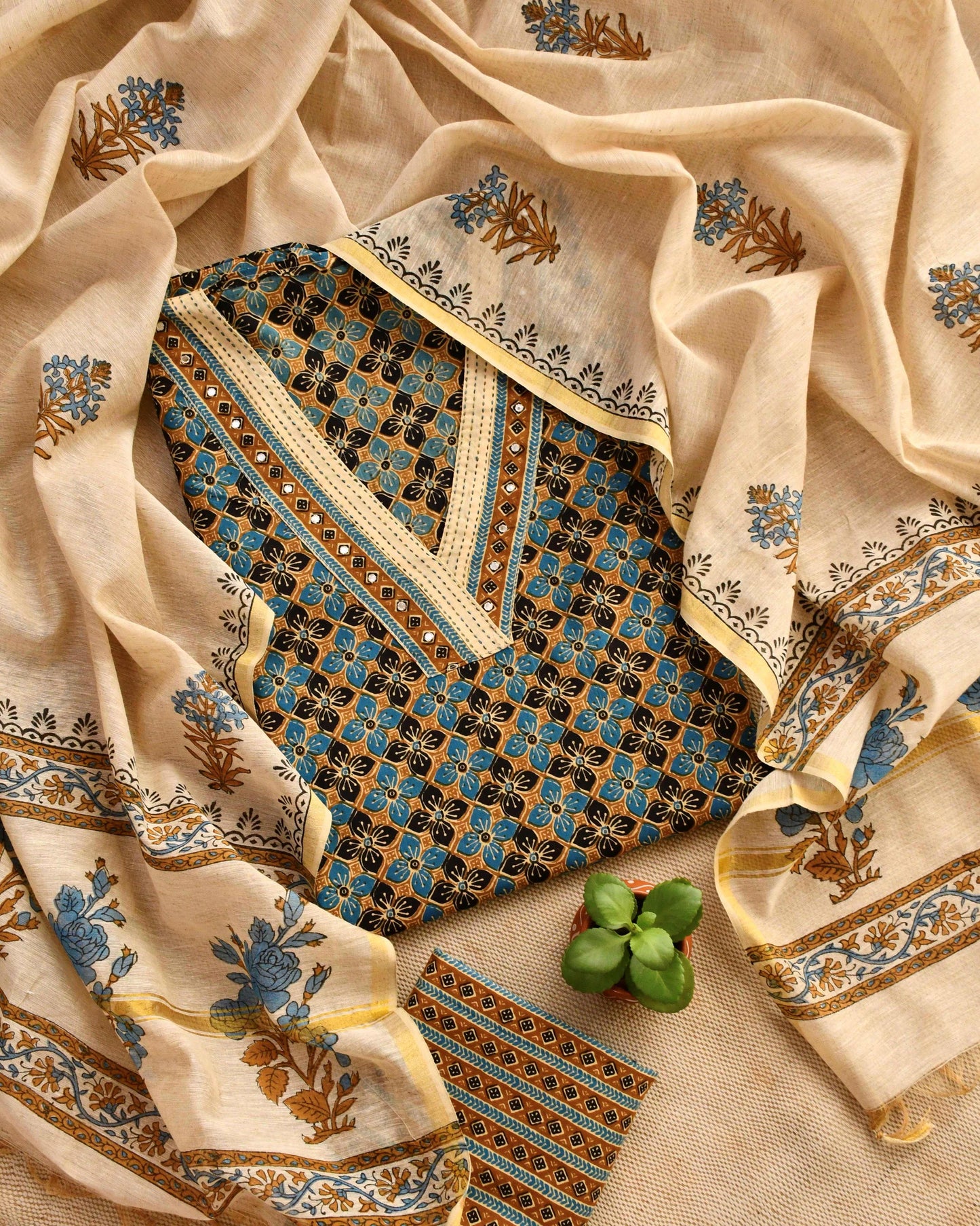 Premium Cotton Ajrakh Handblock Unstitched Suit with Kantha & Mirror Work
