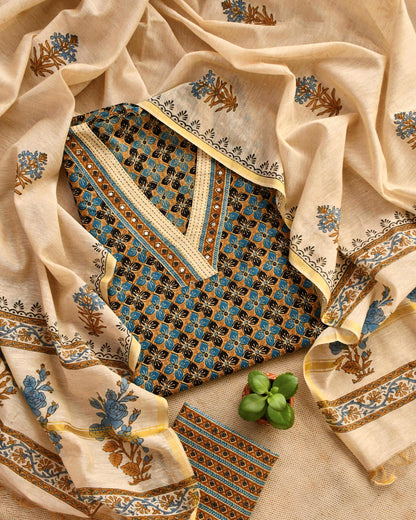 Premium Cotton Ajrakh Handblock Unstitched Suit with Kantha & Mirror Work