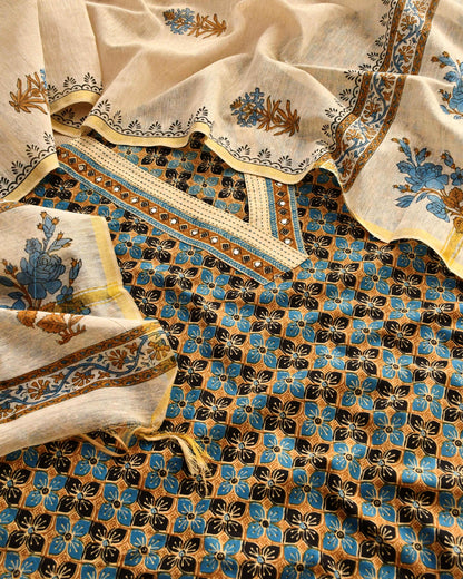 Premium Cotton Ajrakh Handblock Unstitched Suit with Kantha & Mirror Work