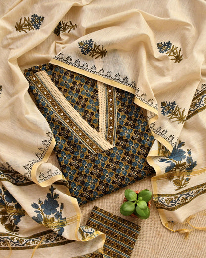 Premium Cotton Ajrakh Handblock Unstitched Suit with Kantha & Mirror Work