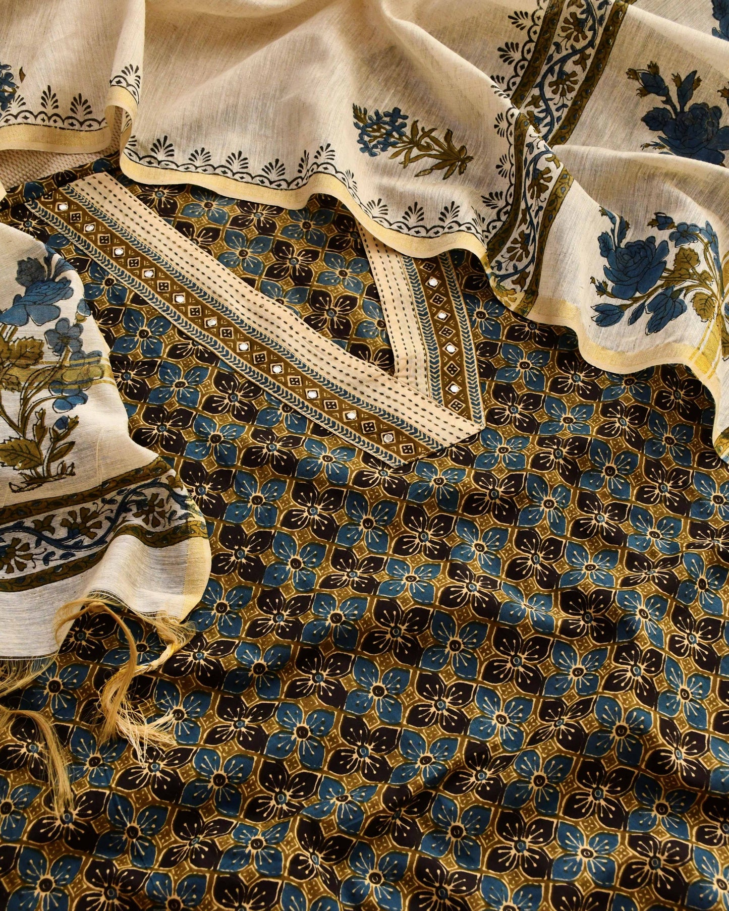 Premium Cotton Ajrakh Handblock Unstitched Suit with Kantha & Mirror Work