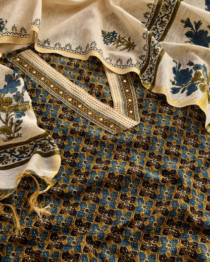 Premium Cotton Ajrakh Handblock Unstitched Suit with Kantha & Mirror Work