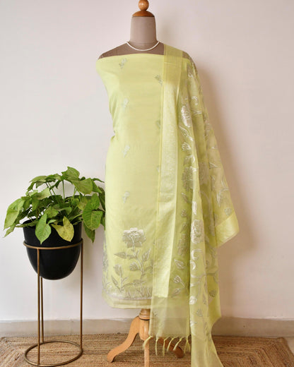 Mull Chanderi Unstitched Suit Set with Intricate Floral Appliqué Work