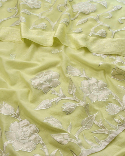 Mull Chanderi Unstitched Suit Set with Intricate Floral Appliqué Work