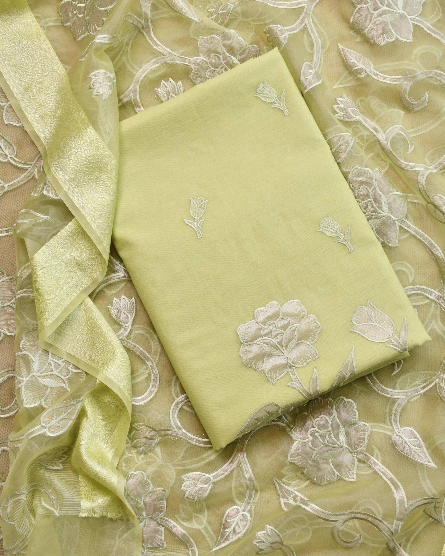 Mull Chanderi Unstitched Suit Set with Intricate Floral Appliqué Work