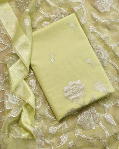 Mull Chanderi Unstitched Suit Set with Intricate Floral Appliqué Work