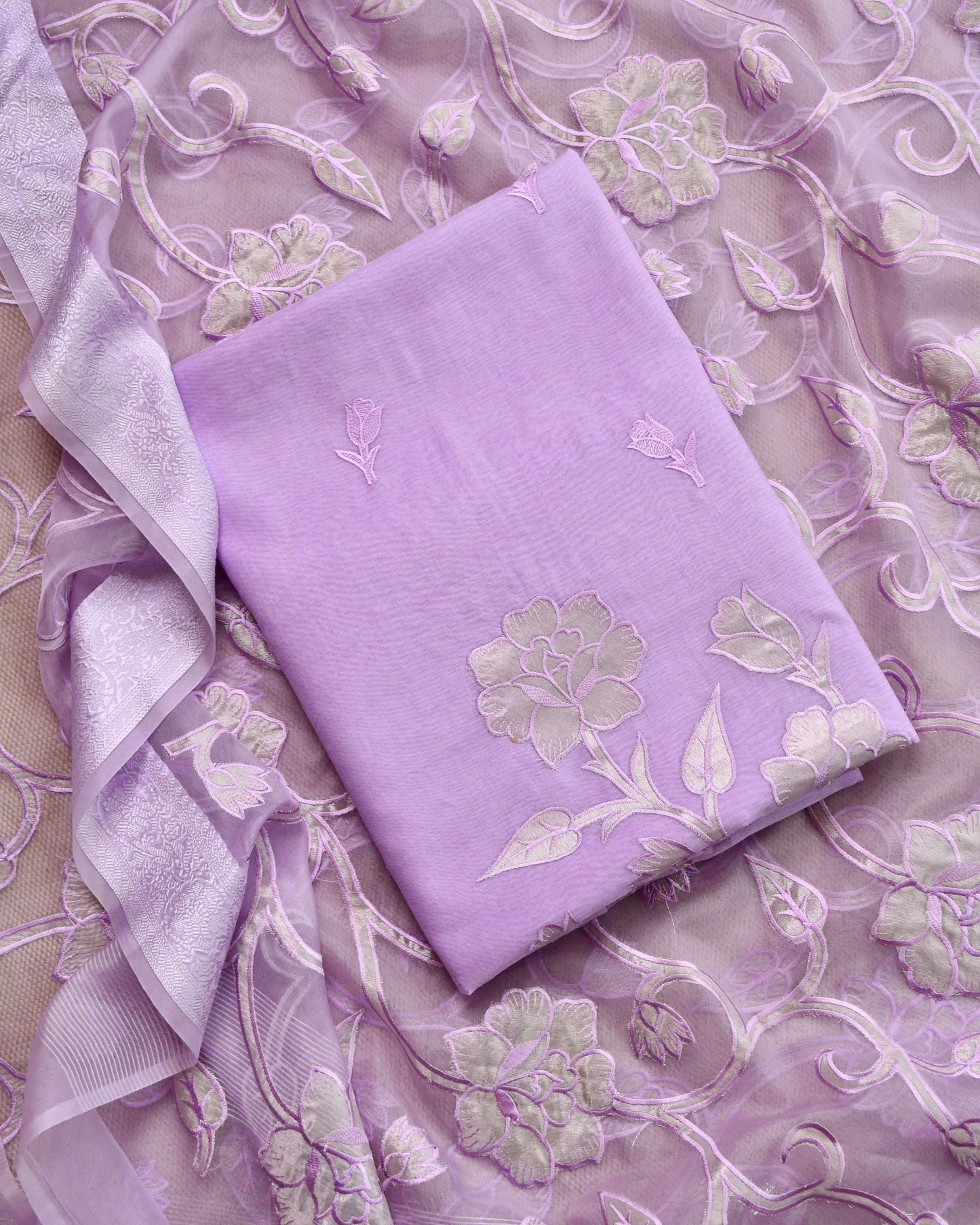 Mull Chanderi Unstitched Suit Set with Intricate Floral Appliqué Work