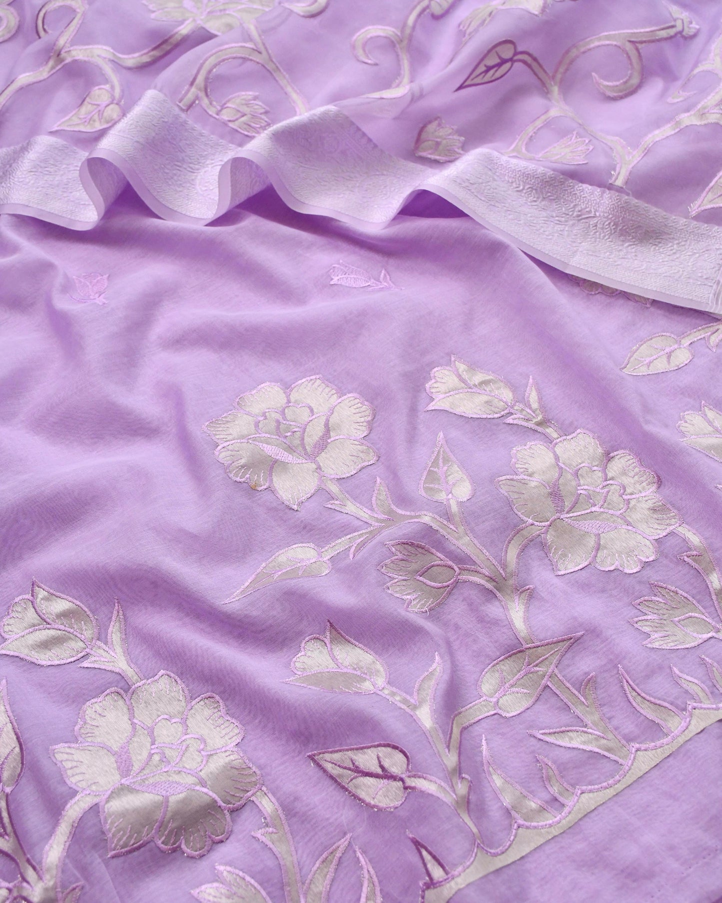 Mull Chanderi Unstitched Suit Set with Intricate Floral Appliqué Work