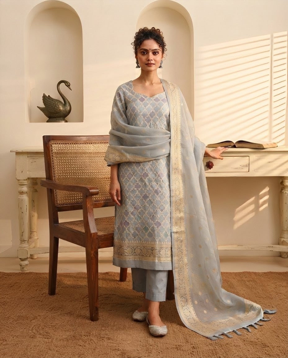 Banarasi Silk Rangkat Unstitched Suit Set with Organza Zari Weave Dupatta