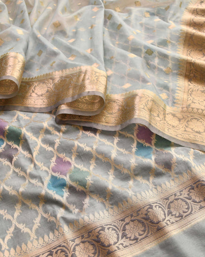 Banarasi Silk Rangkat Unstitched Suit Set with Organza Zari Weave Dupatta