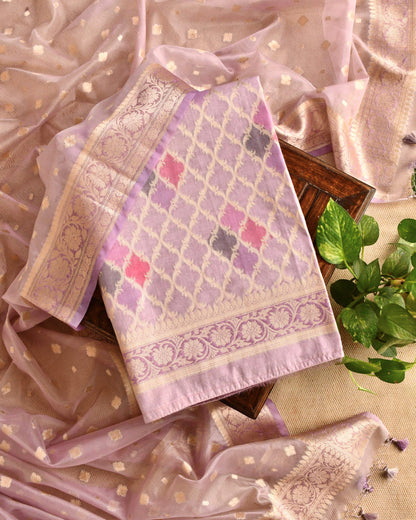 Banarasi Silk Rangkat Unstitched Suit Set with Organza Zari Weave Dupatta