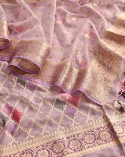 Banarasi Silk Rangkat Unstitched Suit Set with Organza Zari Weave Dupatta