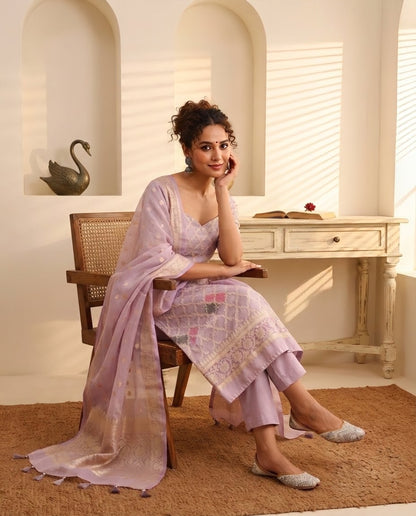 Banarasi Silk Rangkat Unstitched Suit Set with Organza Zari Weave Dupatta