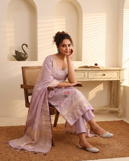 Banarasi Silk Rangkat Unstitched Suit Set with Organza Zari Weave Dupatta