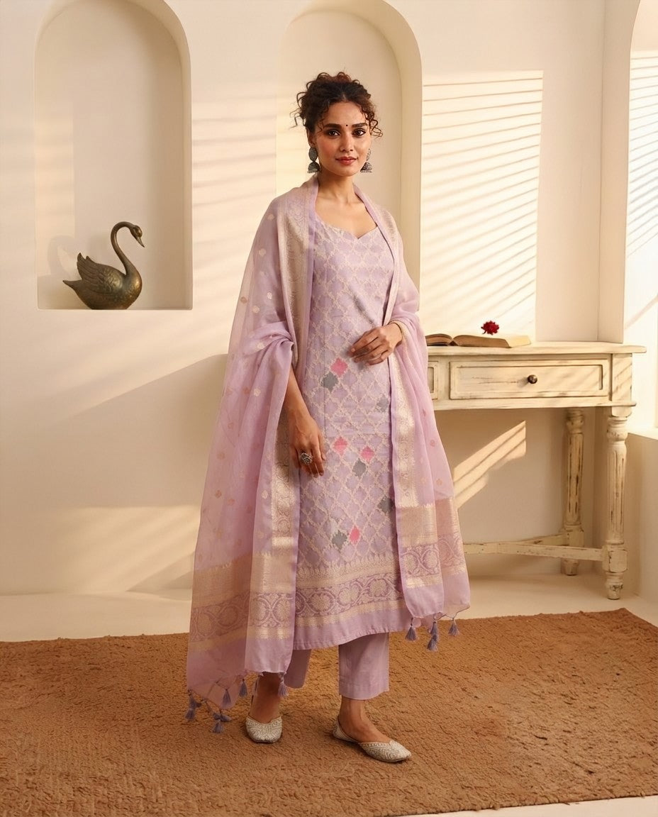 Banarasi Silk Rangkat Unstitched Suit Set with Organza Zari Weave Dupatta