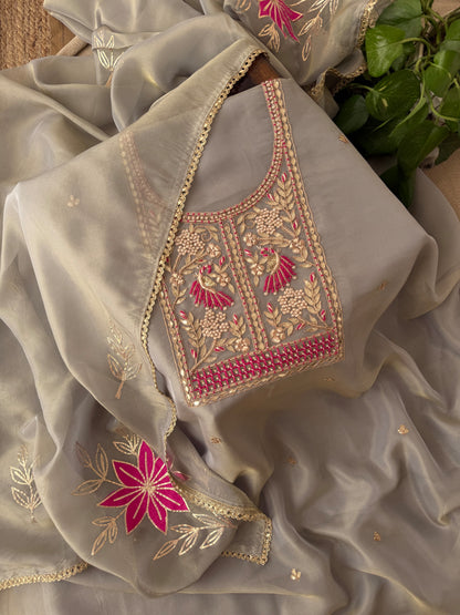 Banarasi Tissue Silk Unstitched Suit Material with Handcrafted Gota Patti & Thresd Work