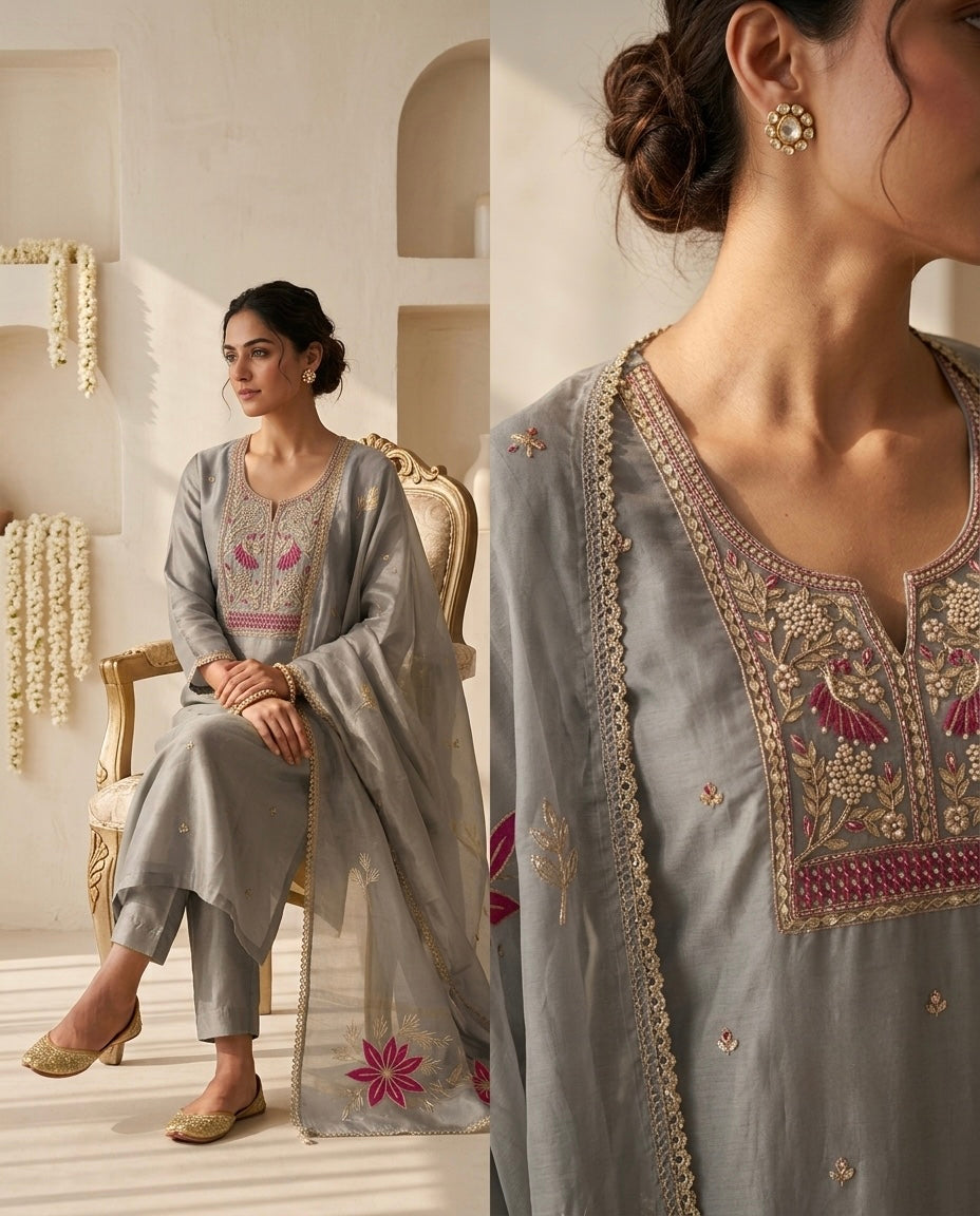 Banarasi Tissue Silk Unstitched Suit Material with Handcrafted Gota Patti & Thresd Work
