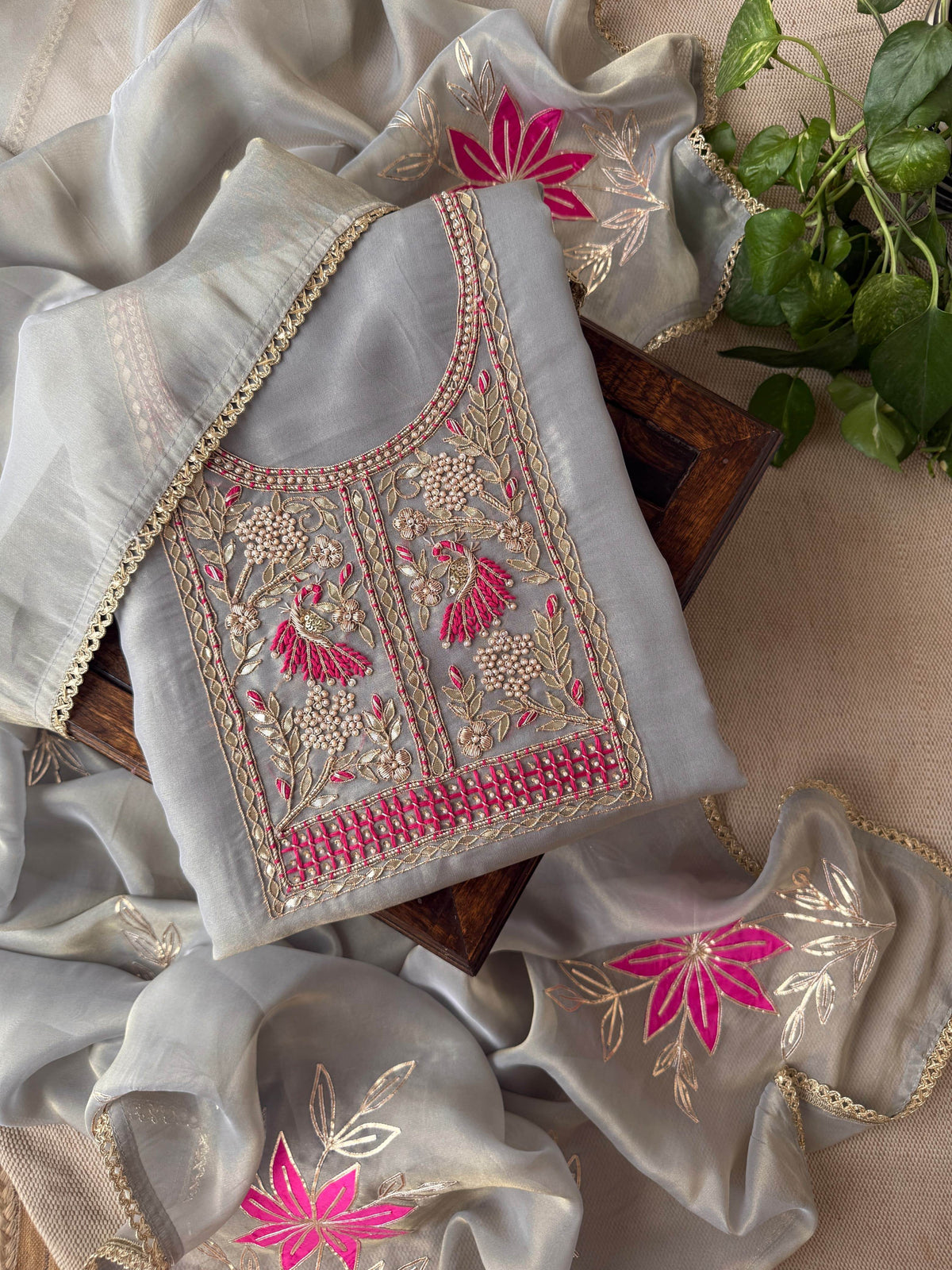 Banarasi Tissue Silk Unstitched Suit Material with Handcrafted Gota Patti & Thresd Work