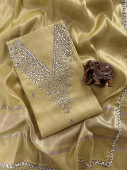 Banarasi Tissue Silk Unstitched Suit Material with Handcrafted Gota Patti & Thresd Work
