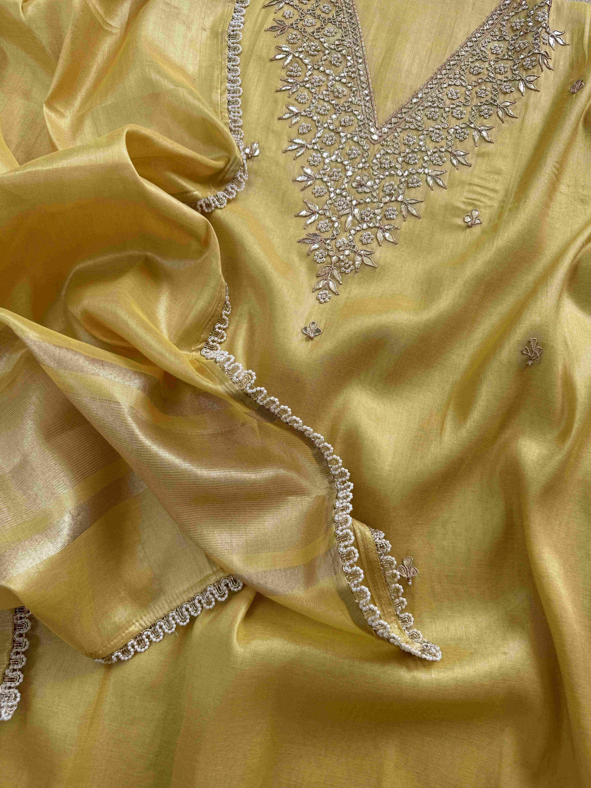 Banarasi Tissue Silk Unstitched Suit Material with Handcrafted Gota Patti & Thresd Work