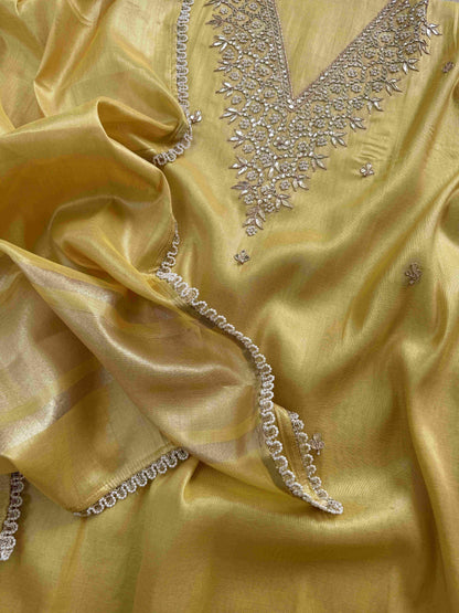 Banarasi Tissue Silk Unstitched Suit Material with Handcrafted Gota Patti & Thresd Work