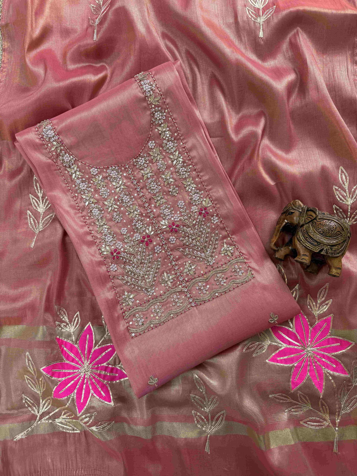 Banarasi Tissue Silk Unstitched Suit Material with Handcrafted Gota Patti & Thresd Work