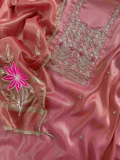 Banarasi Tissue Silk Unstitched Suit Material with Handcrafted Gota Patti & Thresd Work