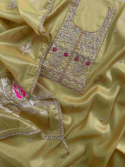 Banarasi Tissue Silk Unstitched Suit Material with Handcrafted Gota Patti & Thresd Work