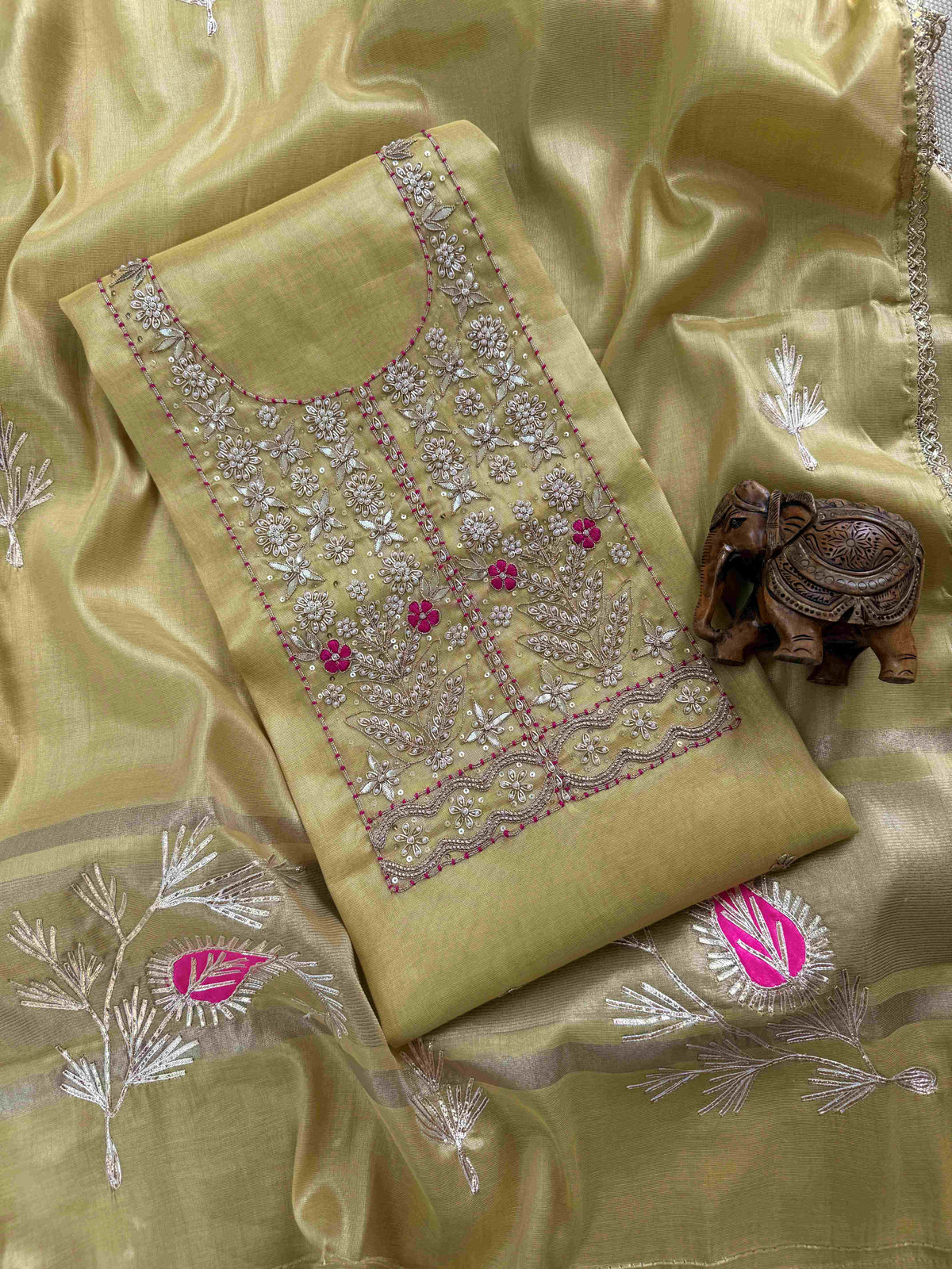 Banarasi Tissue Silk Unstitched Suit Material with Handcrafted Gota Patti & Thresd Work