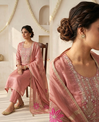 Banarasi Tissue Silk Unstitched Suit Material with Handcrafted Gota Patti & Thresd Work