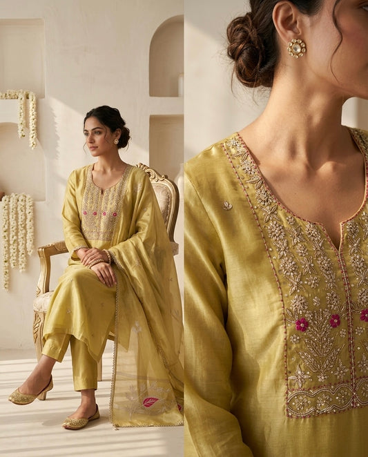 Banarasi Tissue Silk Unstitched Suit Material with Handcrafted Gota Patti & Thresd Work