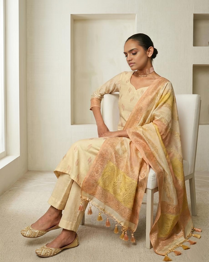 Luxury Banarasi Chanderi Silk Unstitched Suit Set with Zari  Weave