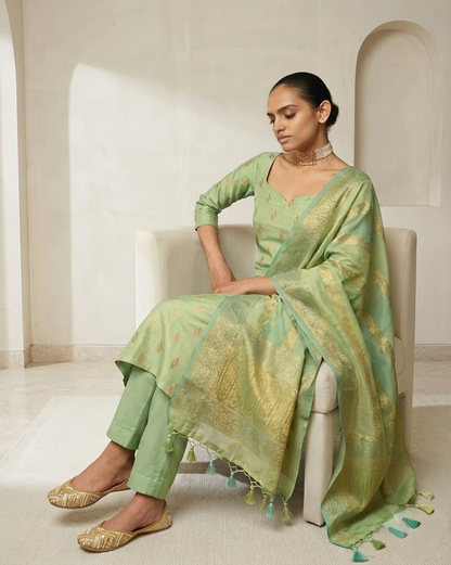 Luxury Banarasi Chanderi Silk Unstitched Suit Set with Zari  Weave