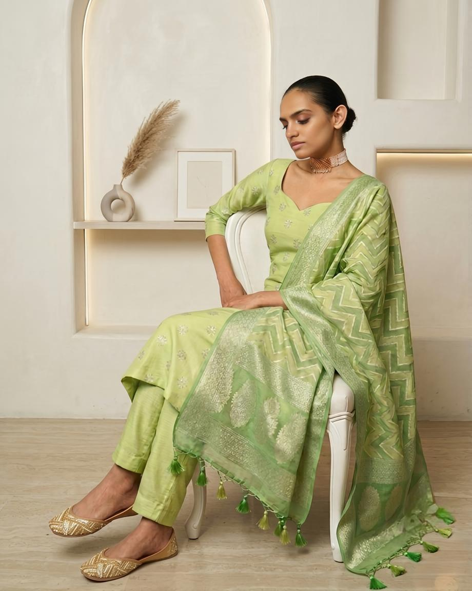 Luxury Banarasi Chanderi Silk Unstitched Suit Set with Zari  Weave
