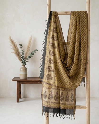 Earthy Hand-Block Printed Cotton  Dupatta with Geometric & Floral Motifs
