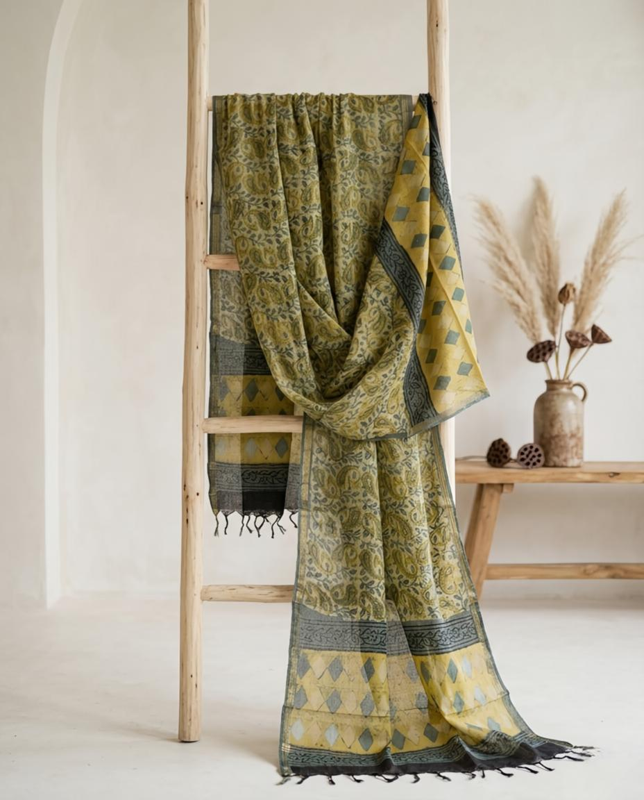 Hand-Block Cotton  Dupatta – Olive Green & Mustard Paisley Wrap with Geometric Border