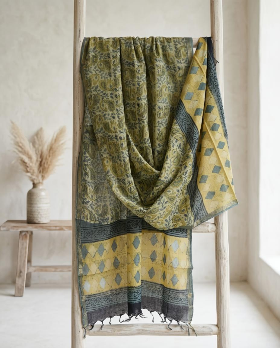 Hand-Block Cotton  Dupatta – Olive Green & Mustard Paisley Wrap with Geometric Border