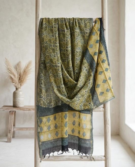 Hand-Block Cotton  Dupatta – Olive Green & Mustard Paisley Wrap with Geometric Border