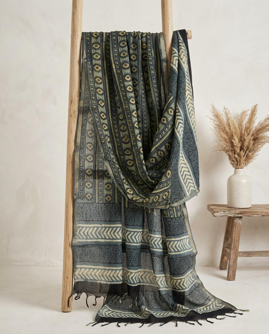 Indigo & Olive Hand-Block Ajrakh Printed Cotton  Dupatta with Zari Border