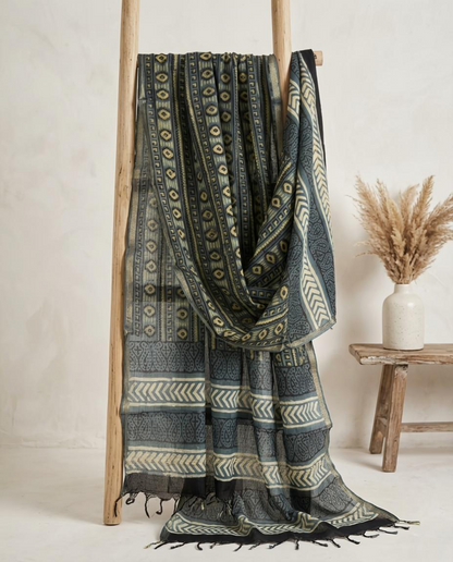Indigo & Olive Hand-Block Ajrakh Printed Cotton  Dupatta with Zari Border